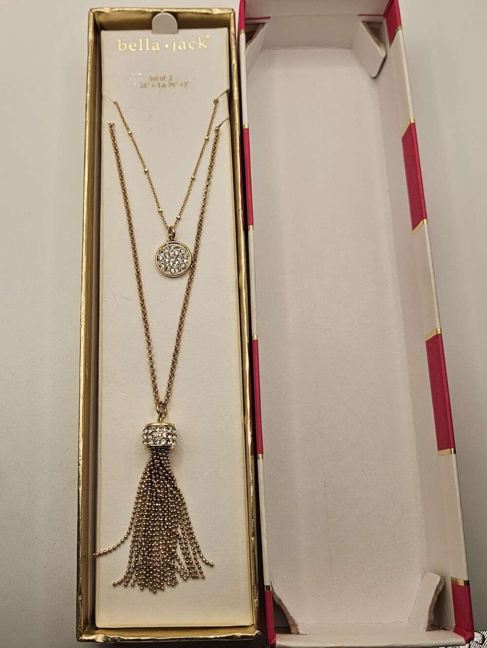 Bella Jack Gold Tone Rhinestone Tassel Pendant Necklace Set 2 Pc 28" 36" NIB